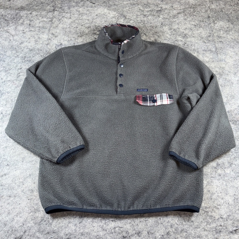 Southern Proper Fleece Pullover Men's M Gray Plaid Trim Snap Front Jacket Preppy